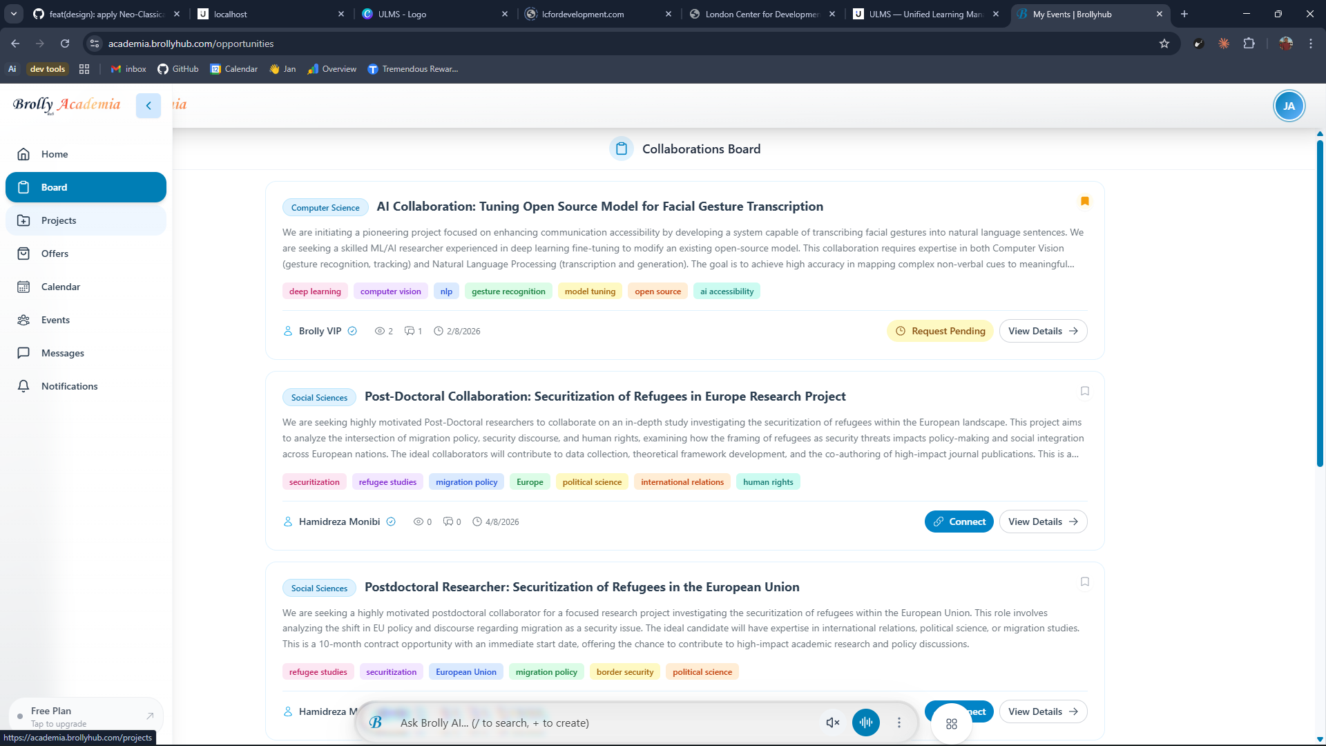 BrollyHub Academia, the workspace surface where verified academics meet, brief projects, and run engagements.