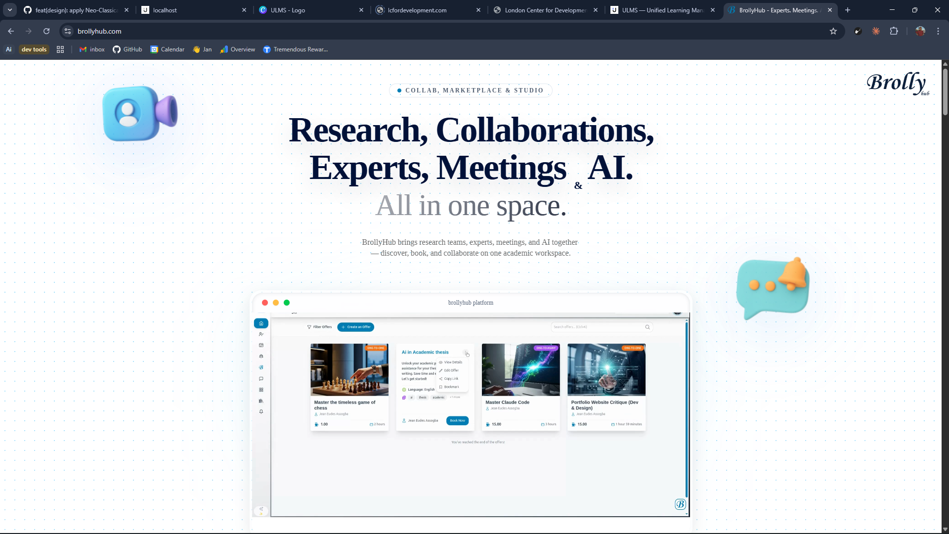 BrollyHub, the ecosystem landing surface — five apps under one roof.