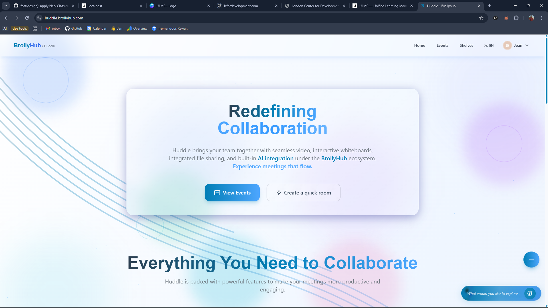 Huddle, the rooms surface, with persistent project rooms, scheduled webinars, and live meetings under one navigation.