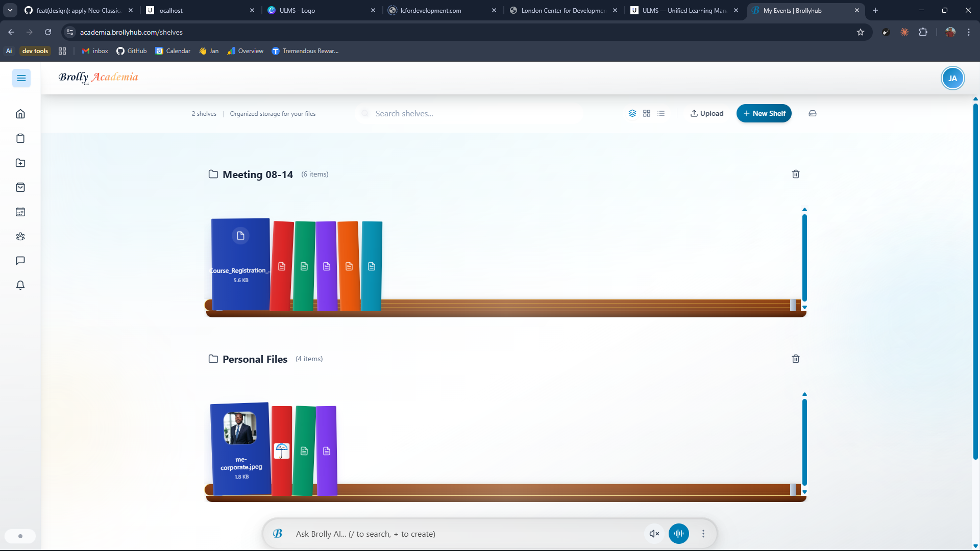 Shelves, the file management surface, with personal and room shelves, previews, and Collabora in-browser editing.